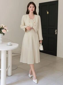 2 件套女式纯色纹理短款夹克和裙子套装，秋季服装 - 杏色 - 查看 3