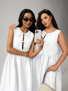 SHEIN Essnce Plus Size Women's Bowknot Waist Sleeveless Basic Fashionable Dress