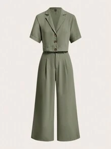 SHEIN Clasi 2 件女式领口腰线口袋短款衬衫和阔腿裤套装 - 軍綠色 - 查看 4