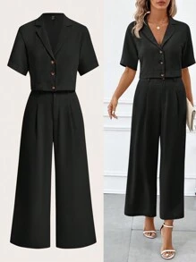SHEIN Clasi 2pcs/Set Women Cropped Shirt With High-Waist Pocket Pants - Black - View 1