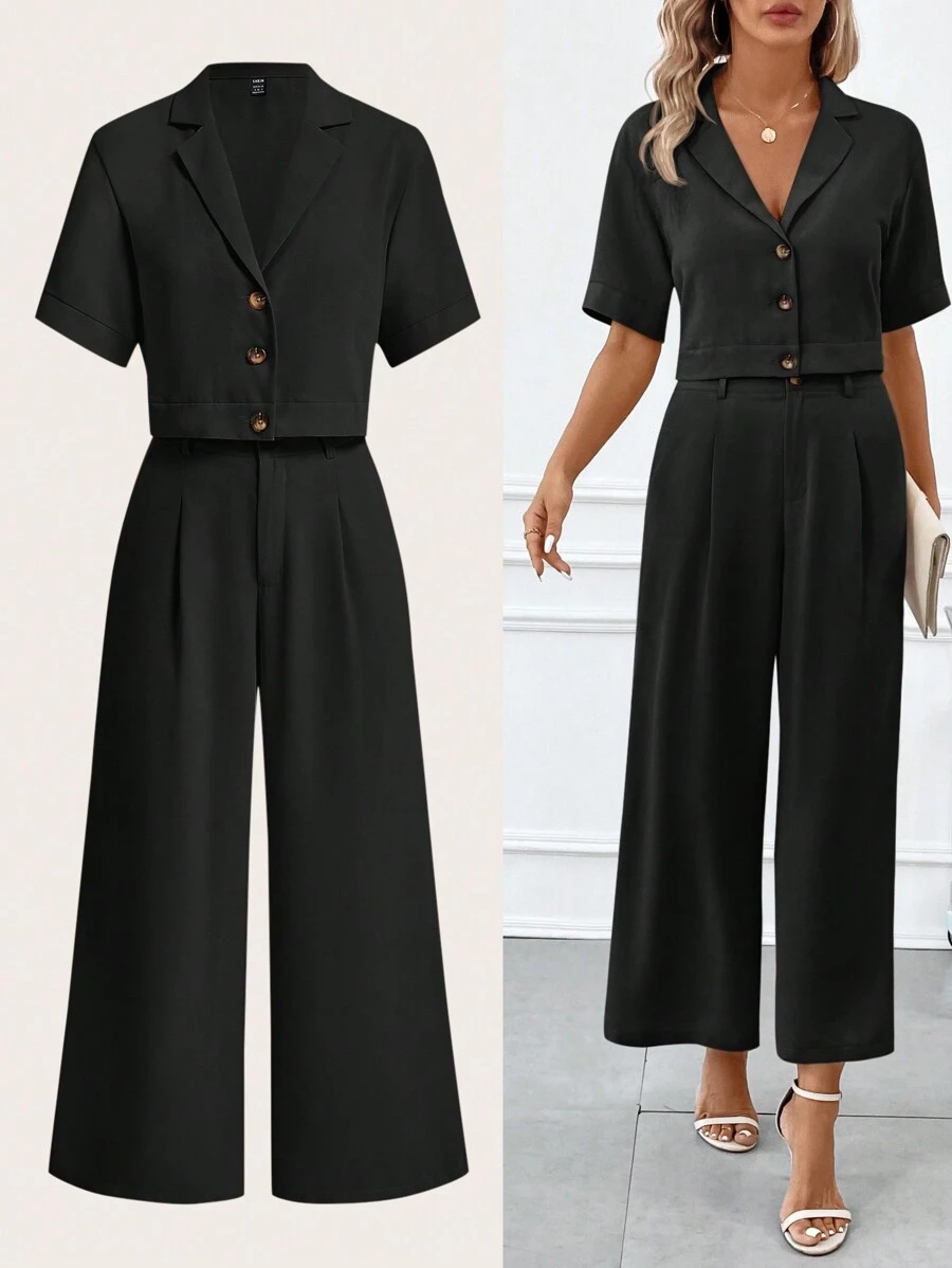 SHEIN Clasi 2pcs/Set Women Cropped Shirt With High-Waist Pocket Pants - Black - View 1