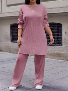 EURMUSE Plus Size Women's T-Shirt With Split Hem And Pants Set - Pink - View 4