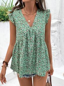 INAWLY Áo cánh tay lửng họa tiết hoa giản dị dành cho nữ - Màu xanh Bạc hà - Xem 3