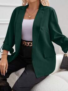 Celure Chaqueta de blazer elegante de oficina de unicolor con mangas con puño para mujeres de talla grande, primavera otoño - Verde Oscuro - Ver 6