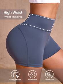 SHEIN Sports Solid Color Slim Fit Sporty Shorts, Casual Daily Wear Spandex Short - Blue - View 2