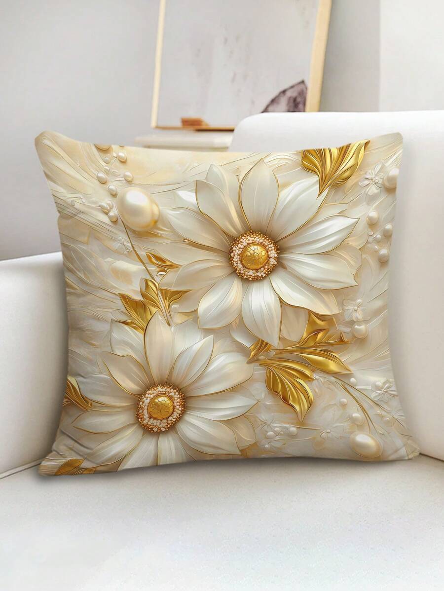 1pc Fashionable Floral & Pearl Pattern Printed Throw Pillow Cover, Home Decor Cushion Cover Without Insert, Suitable For Sofa, Living Room, Back To School, School Supplies - Multicolor - View 1