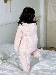 SHEIN Baby Girls Heart Fleece Jacket & Bib Pants Set, Warm & Comfortable Outfit For Outdoor Winter - Pink - View 2