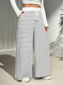 SHEIN EZwear Plus Size Women Striped String Waist Long Pants