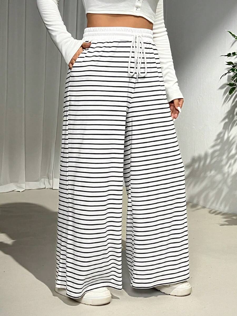 SHEIN EZwear Plus Size Women Striped String Waist Long Pants