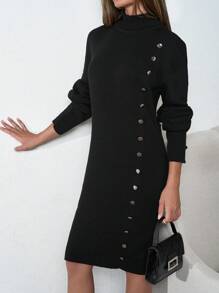 SHEIN Tall Mock Neck Button Detail Bodycon Sweater Dress - Black - View 5