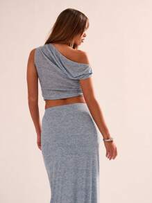 MUSERA Slouchy Asymmetrical Neck Top Casual Summer Vacation Spring Summer Spring Festival Boho Holiday - Blue - View 2