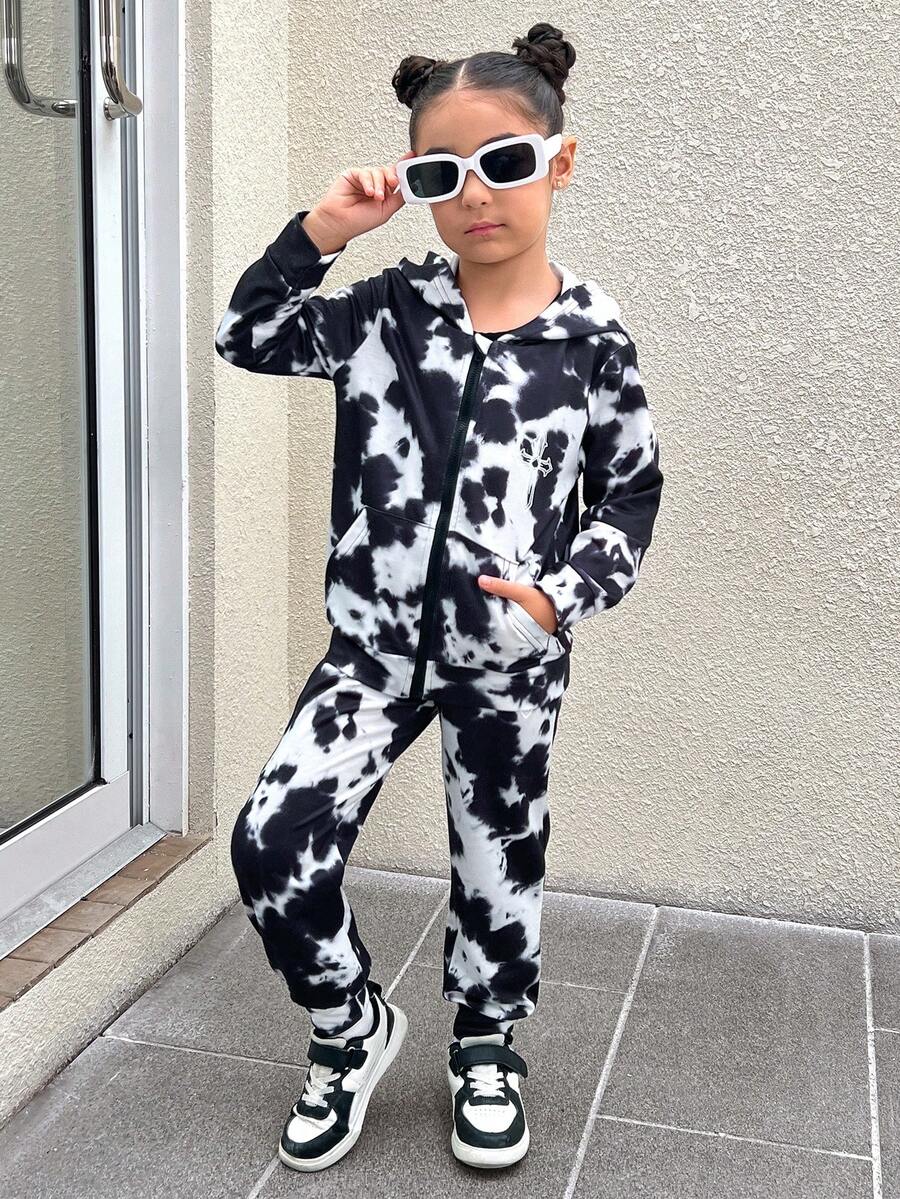 SHEIN Explorewe Bộ 2 món/Bộ đồ thể thao thoải mái cá tính cho bé gái - Đen và trắng - Xem 1