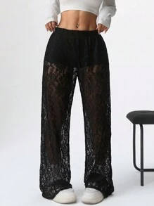 SHEIN EZwear Pantaloni lungi din dantelă de culoare uni pentru femei