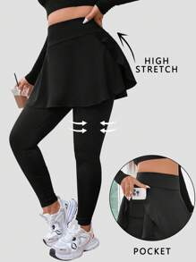 Flirla 大码纯色 2 合 1 口袋紧身裤 - 黑色 - 查看 8