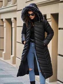 EURMUSE Fur Detailed Zigzag Designed Wintercoat - Black - View 1