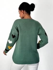 EURMUSE Heart Pattern Drop Shoulder Cardigan - Green - View 2