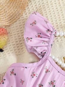 SHEIN 年轻女孩度假碎花领和短袖可爱衬衫 - 淡紫色 - 查看 3