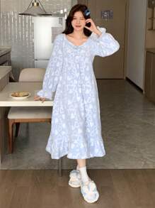 DAZY Women's Winter Heart Print Flannel Ruffled Nightgown Pajama,Thermal Lined - Blue - View 6