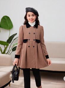 SHEIN 少女优雅千鸟格纹腰部拼接领口大衣，暖棕色调，秋冬 - 黑與白 - 查看 6