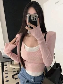 DAZY Women's Long Sleeve 2 In 1 Fitted Waist Sweater, Spring & Autumn,Fall Women Clothes - Pink - View 4