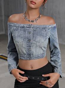 SHEIN Y2K Style Off Shoulder Blue Denim Top For Teenage Girls, Cute Fall Back To School Clothes Outfits