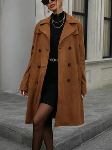 Aveloria Modichic Women's Faux Suede Trench Coat Notched Lapel Double Breasted Jacket With Belt 
