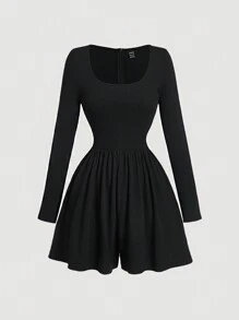 SHEIN MOD Mono de manga larga con cuello alto negro para mujer, mono-vestido versátil, atuendo de principios de otoño de manga larga para ropa y conjuntos de mujer en otoño
