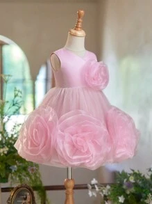 SHEIN Glamorique Kids 女童圣诞公主粉色 3D 花卉网眼薄纱露露派对礼服、婚礼、派对 - 粉色 - 查看 5