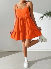 SHEIN EZwear Vestido casual de tirantes finos y espalda descubierta tipo babydoll color naranja para vacaciones