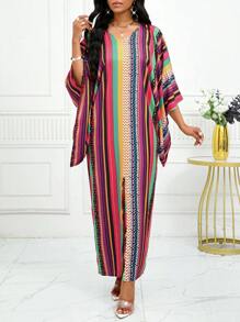 SHEIN Lady 四季连衣裙带袖女装复古波西米亚风优雅秋装秋季女装圣诞连衣裙工作低调休闲郊游海滩彩色编织V领蝙蝠袖新款长款秋装长款女装 - 彩色 - 查看 6