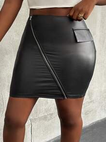 SHEIN Unity Minifalda sólida con cierre de cremallera, de estilo casual y elástico de moda para mujeres