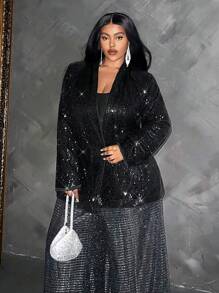 Maweii 大码女式珍珠亮片装饰翻领长袖优雅派对常规西装外套适合节日派对服装 - 黑色 - 查看 4