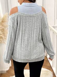 SHEIN Frenchy Plus Size Casual Striped Patchwork Open Shoulder Sweatshirt
