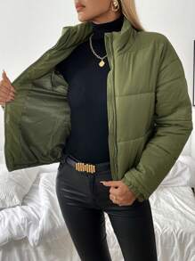 Chiquease 女士纯色简约休闲长袖加厚棉服外套冬季 - 綠色 - 查看 5