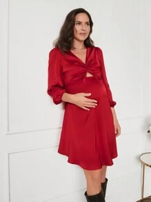 MaterniWear Vestido burdeos con mangas farol acampanadas, fruncido y abertura delantera para embarazada en primavera - Rojo - Ver 5