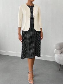 SHEIN LUNE 2pcs Women's Polka Dot Print Sleeveless Dress And Solid Color Coat Set - Multicolor - View 4