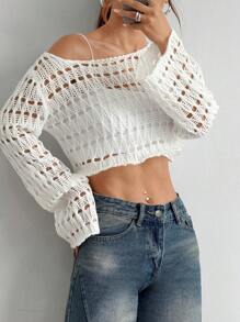 SHEIN Unity 女士纯色镂空不对称领长袖短款毛衣，春夏