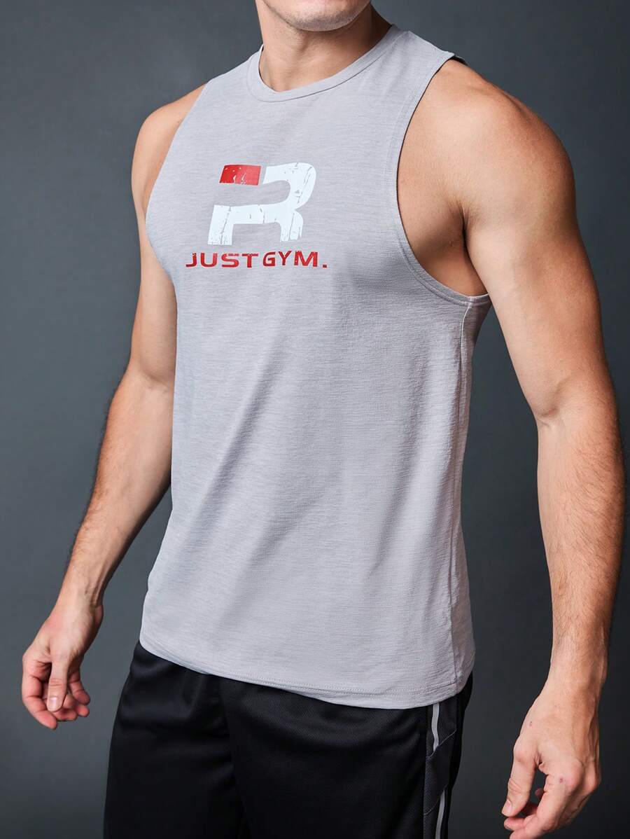 Manfinity Running 男友风男士简约印花无袖健身 T 恤和背心透气 - 灰色 - 查看 1