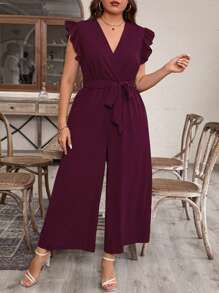 Breezaya Plus Size Women's Solid Color Overlap V-Neck Cap Sleeve Wide Leg Elegant Jumpsuit - Purple - View 3