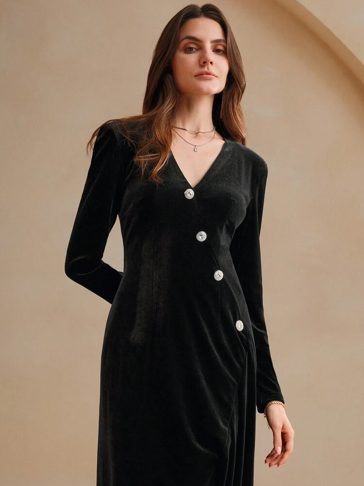 Women's V Neck Asymmetric Slit Velvet Elegant Black Dress
