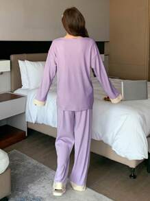 DAZY 2pcs Contrast Color V-Neck Long Sleeve Top And Pants Loungewear Set Pajama - Purple - View 2