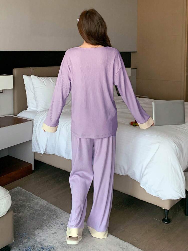 2pcs Contrast Color V-Neck Long Sleeve Top And Pants Loungewear Set Pajama