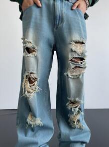 Manfinity EMRG Distressed Loose Fit Washed Denim Wide Leg Jeans For Men, Light Blue - Teal Blue - View 6