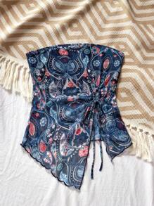 SHEIN VCAY Áo crop top lưới dệt kim in họa tiết đi nghỉ dành cho nữ có viền bất đối xứng - Màu xanh lam - Xem 4