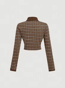 SHEIN MOD 棕色千鸟格拼色复古风格女式秋冬上衣、格子衬衫、返校秋季服装秋季女式衬衫服装长袖女式