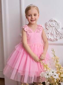 SHEIN Glamorique Kids 新款 2022 公主女童羽毛网眼紫粉色派对礼服，女童圣诞派对礼服，儿童舞台表演礼服 - 粉色 - 查看 3
