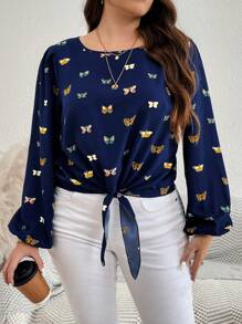 SHEIN LUNE 大码圆领蝴蝶印花扭纹袖口长袖衬衫职业上衣秋季衬衫女式上衣商务休闲女式工作衬衫商务衬衫