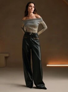 Anewsta Suéter elegante y sexy de mujer con hombros descubiertos y lámina metálica dorada, jersey de punto para otoño e invierno - Amarillo - Ver 4