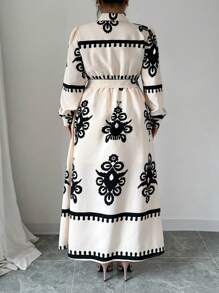 Flirla 加大码长袖抽绳腰部印花休闲宽松优雅连衣裙长款女装 - 杏色 - 查看 2