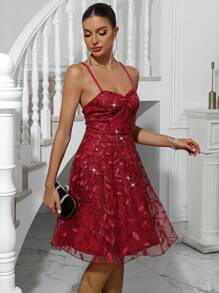 Allurite Women's Summer Floral Sequins Mesh Contrast Slip Dress - Burgundy - View 2